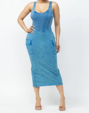 Acid Washed Cargo Midi Dress