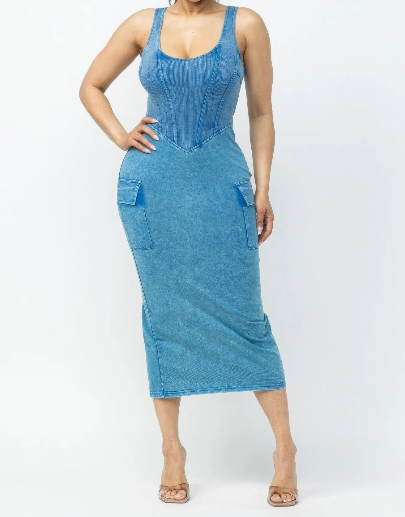 Acid Washed Cargo Midi Dress