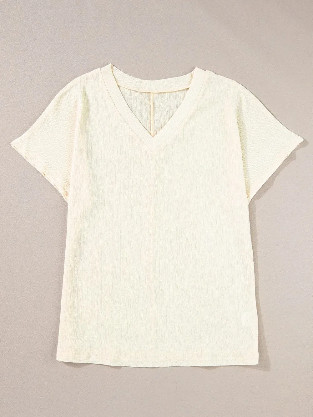 Apricot Crinkled V Neck Short Sleeve Casual Top