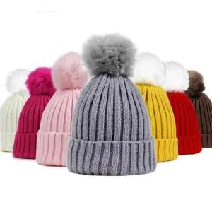 Children's Warm Fur Pom Pom Winter Hats