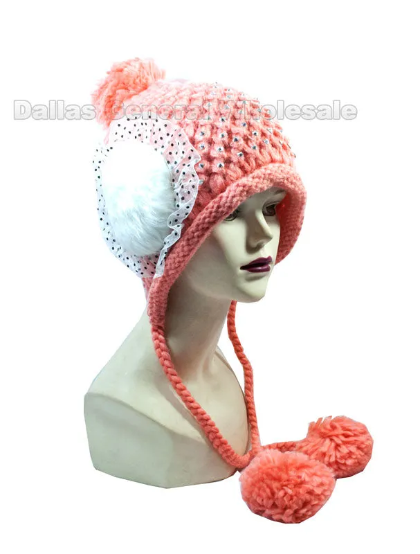 Girls Fashion Winter Beanie Caps with Furry Balls Wholesale
