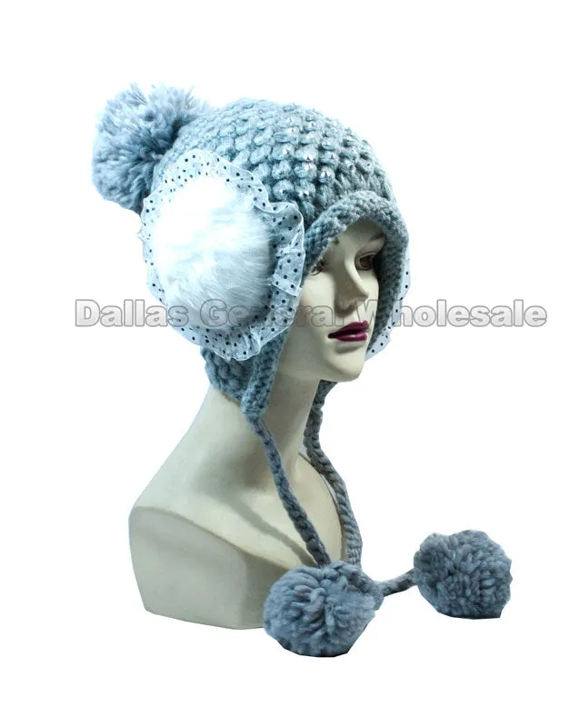 Girls Fashion Winter Beanie Caps with Furry Balls Wholesale