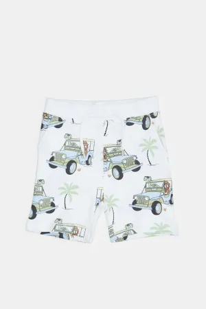 Infant Boys White Car Printed Active Shorts