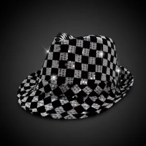 LED Light Up Flashing Fedora Hat with Checkered Sequins