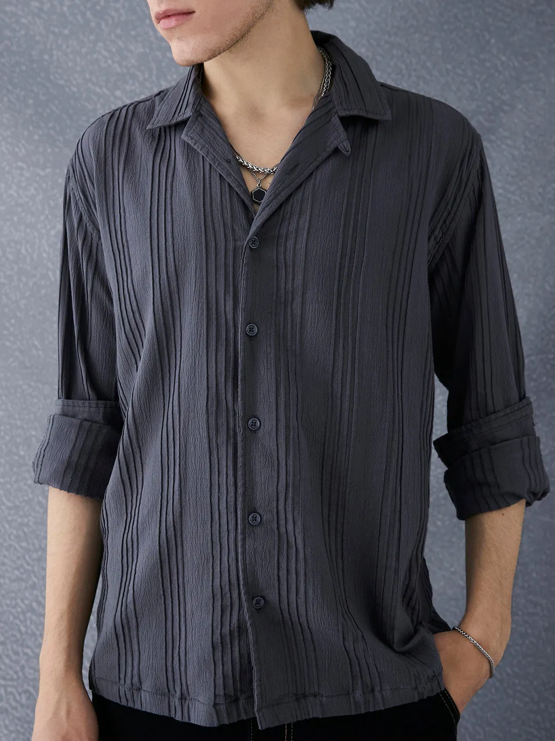 Men Premium Relaxed Fit Pleat Textured Dark Grey Cotton Stretch Casual Shirt