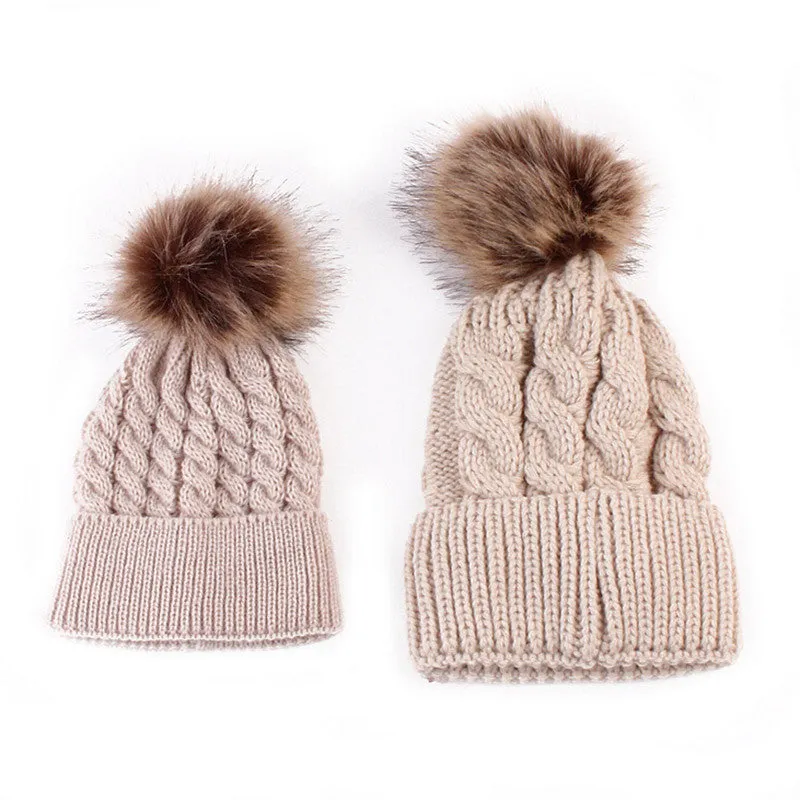 Mom and Baby Matching Knitted Hats Warm Fleece Crochet Beanie Hats Winter Mink PomPom Kids Children Mommy Headwear Hat Caps