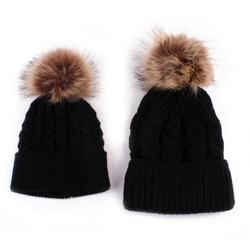 Mom and Baby Matching Knitted Hats Warm Fleece Crochet Beanie Hats Winter Mink PomPom Kids Children Mommy Headwear Hat Caps