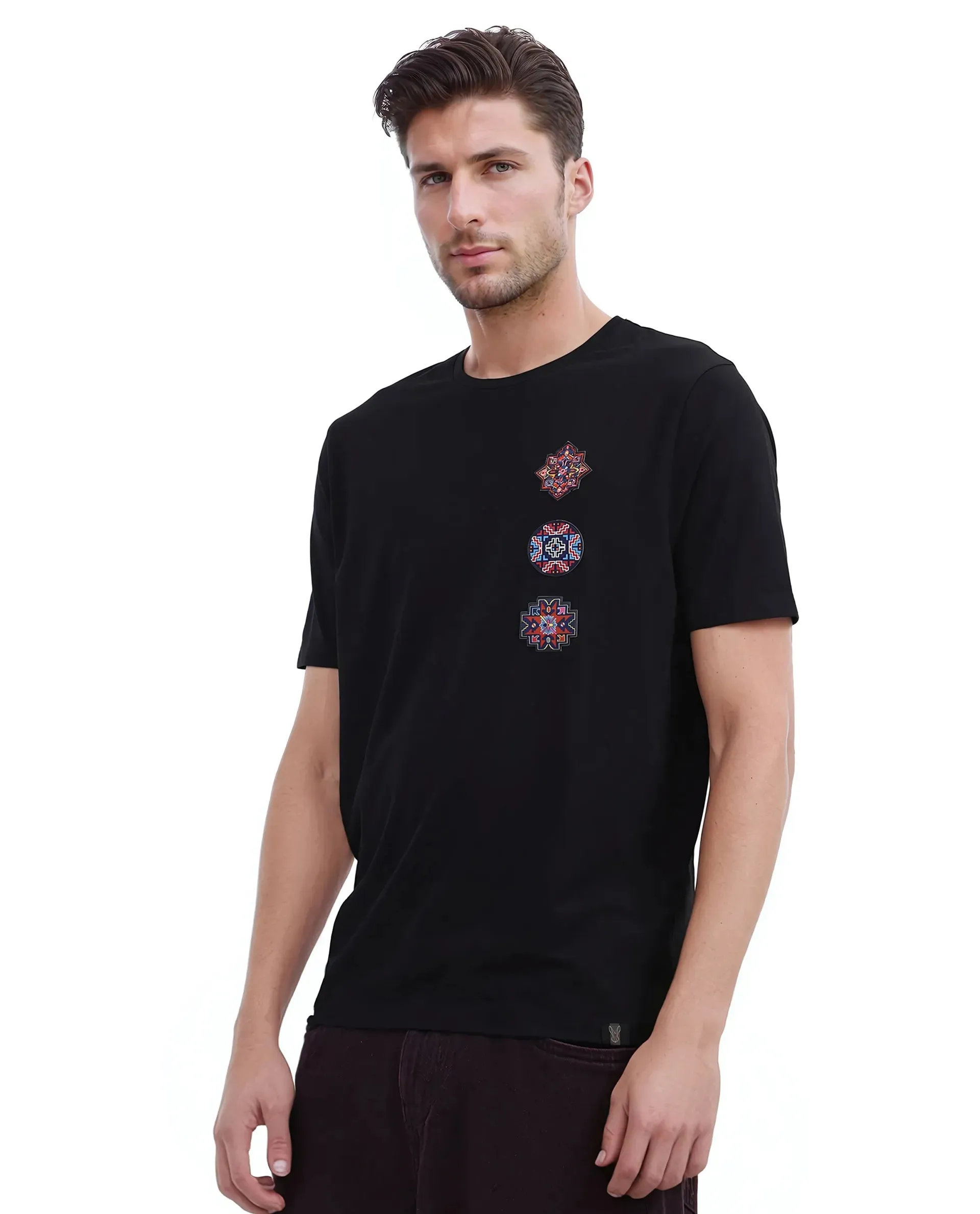 Rare Rabbit Men Bale Black Cotton Blend Fabric Short Sleeve Crew Neck Relaxed Fit Label T-Shirt
