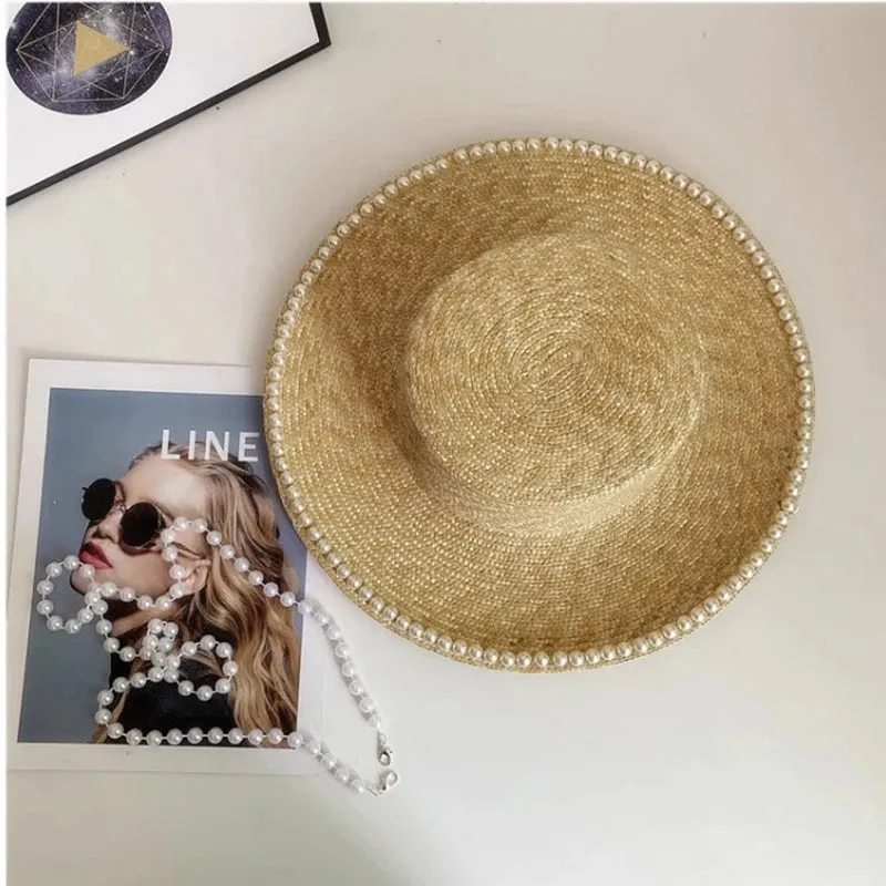 Sohiwoo Wheat Straw Sun Hat For Women Summer Pearl Wide Brim Floppy Panama Fishermen Hats Female Lady Outdoor Foldable Beach Sun Caps