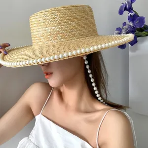 Sohiwoo Wheat Straw Sun Hat For Women Summer Pearl Wide Brim Floppy Panama Fishermen Hats Female Lady Outdoor Foldable Beach Sun Caps
