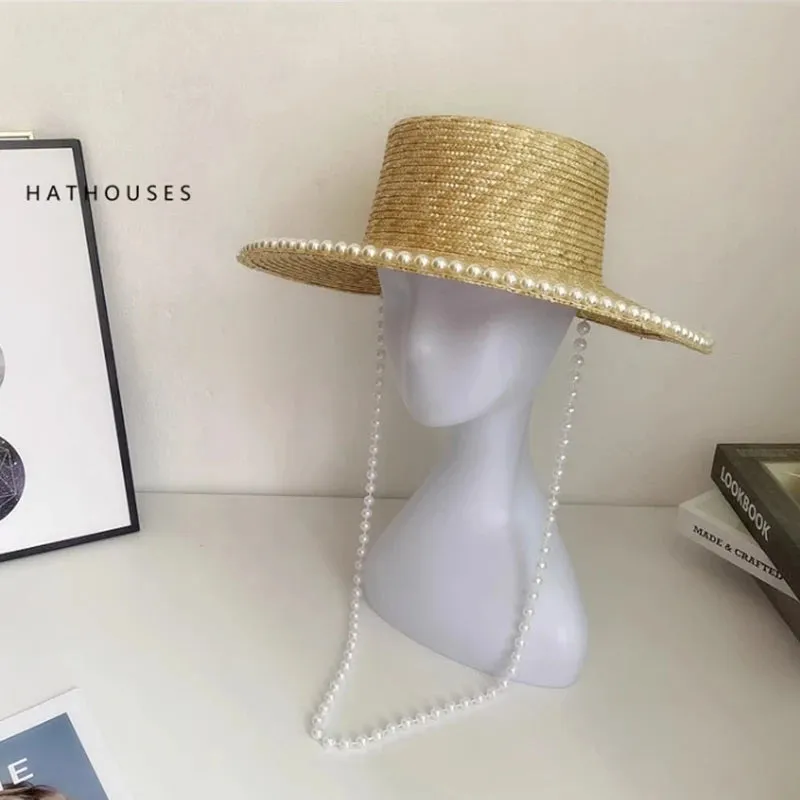 Sohiwoo Wheat Straw Sun Hat For Women Summer Pearl Wide Brim Floppy Panama Fishermen Hats Female Lady Outdoor Foldable Beach Sun Caps