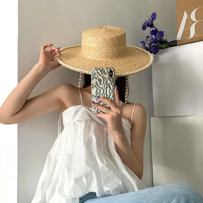 Sohiwoo Wheat Straw Sun Hat For Women Summer Pearl Wide Brim Floppy Panama Fishermen Hats Female Lady Outdoor Foldable Beach Sun Caps