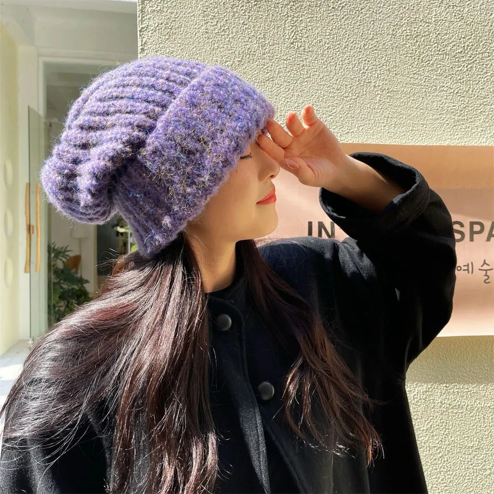 Sohiwoo Winter Unisex Wool Hat Loose Big Head Circumference Knitted Hats Women's Korean Warm Oversized Skullies Beanies Christmas Gift
