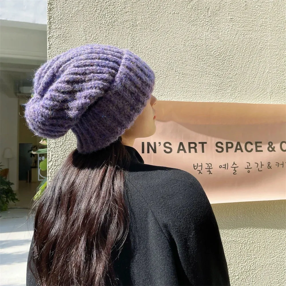 Sohiwoo Winter Unisex Wool Hat Loose Big Head Circumference Knitted Hats Women's Korean Warm Oversized Skullies Beanies Christmas Gift