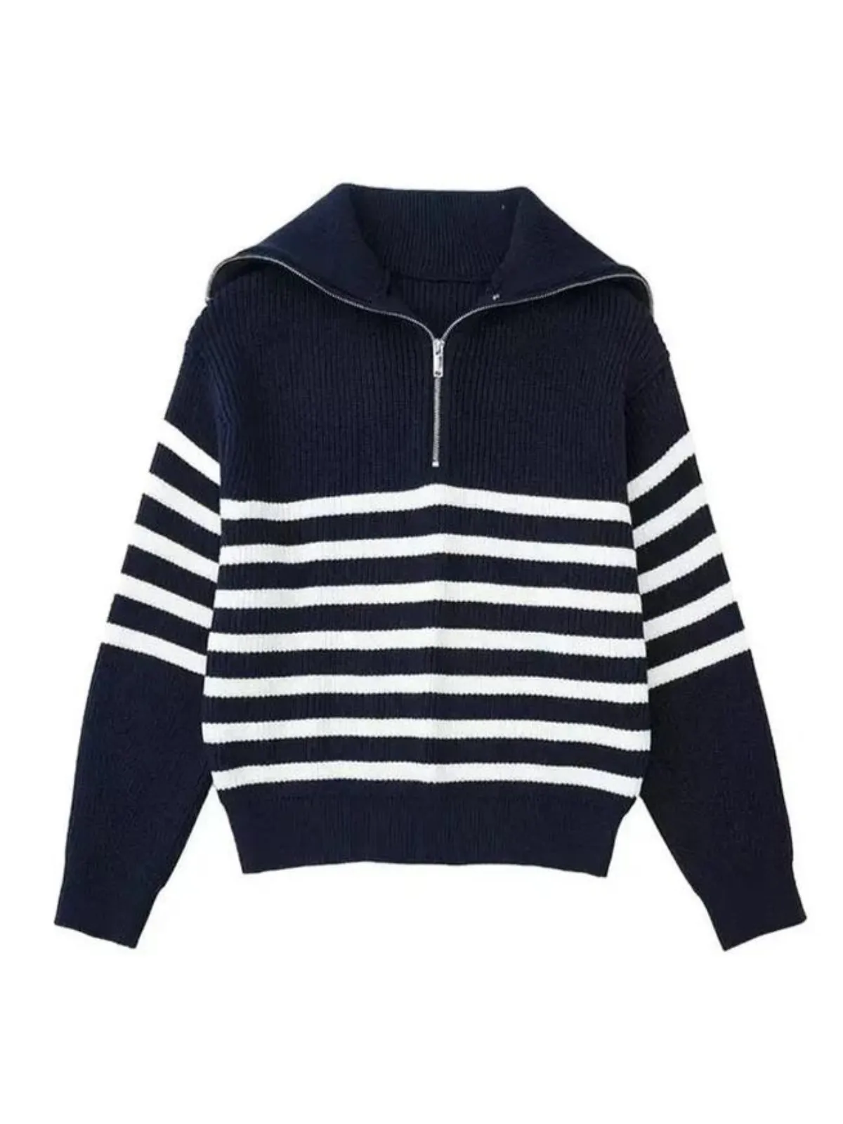 Striped Knit Sweater with Front Zip Closure for Cozy Winter Style