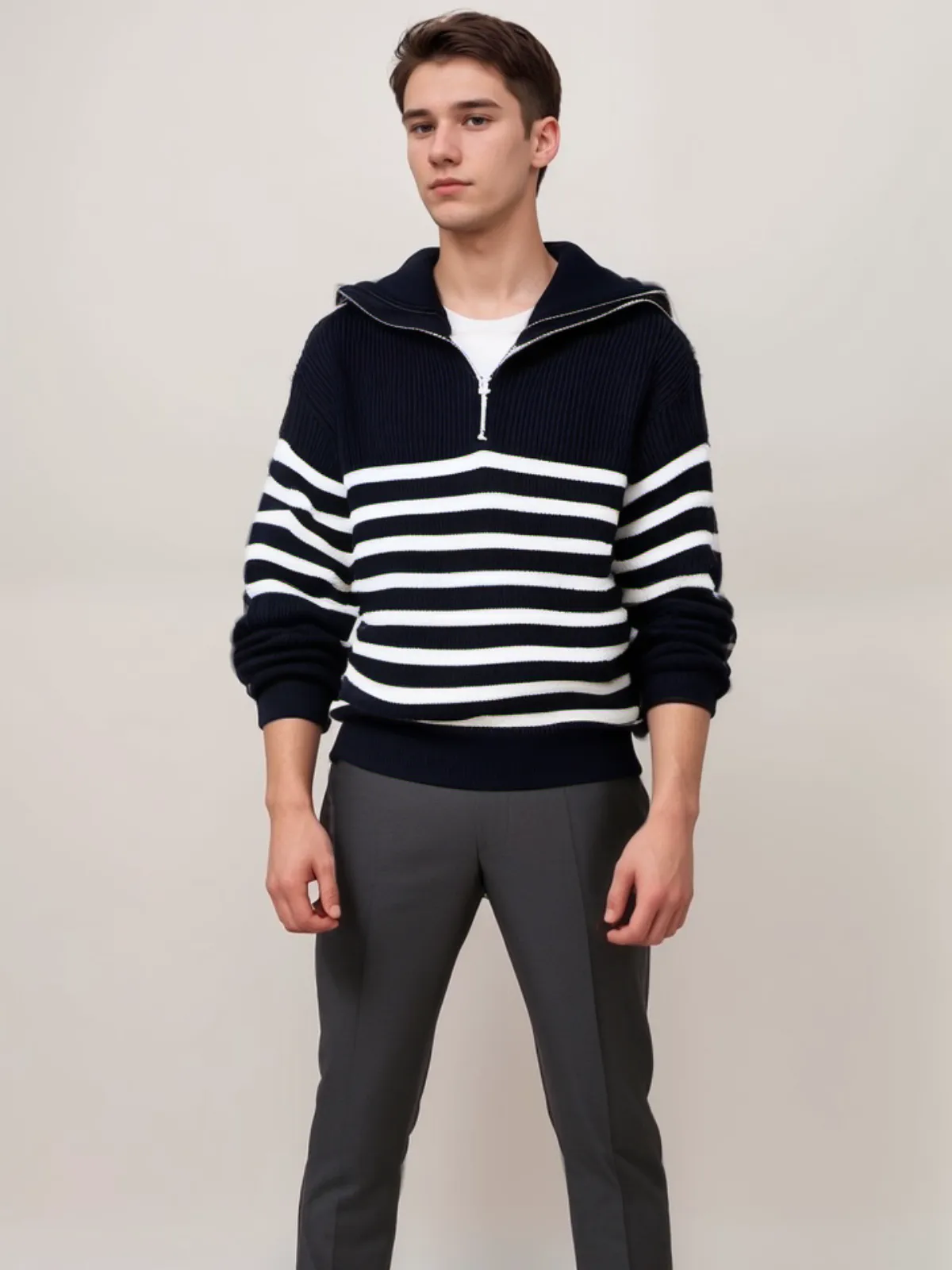 Striped Knit Sweater with Front Zip Closure for Cozy Winter Style