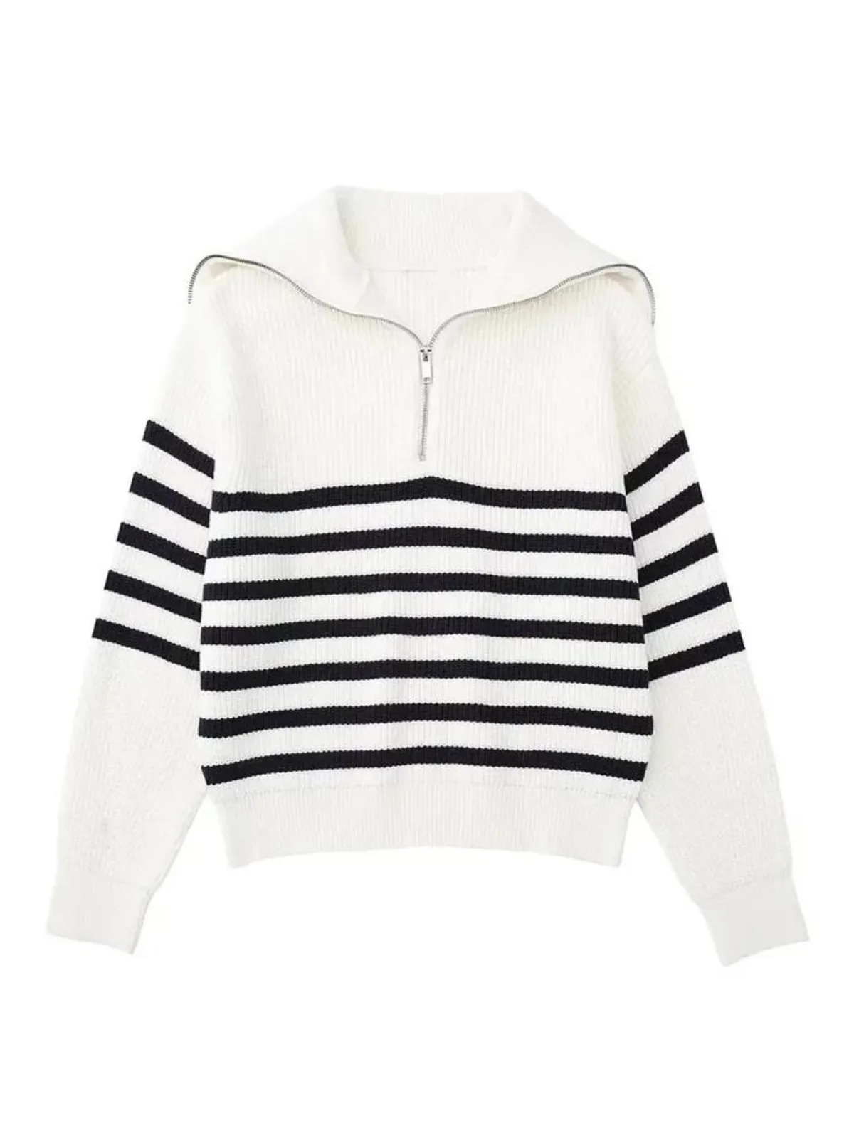 Striped Knit Sweater with Front Zip Closure for Cozy Winter Style