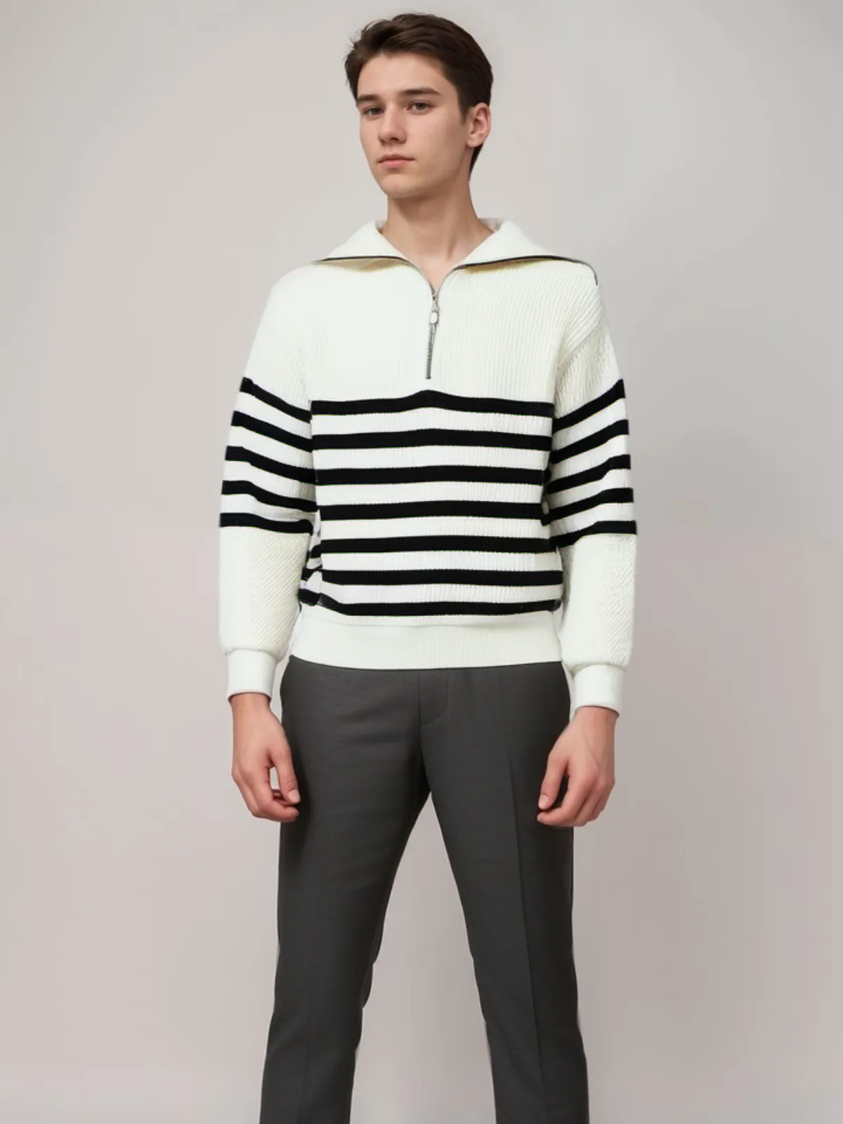 Striped Knit Sweater with Front Zip Closure for Cozy Winter Style