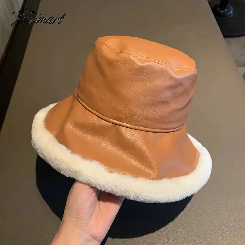 Tavimart Fashion Autumn Winter Pu Leather Bucket Hats For Women Adjustable Foldable Lamb Wool Outdoor Warm Panama Female Fisherman Caps