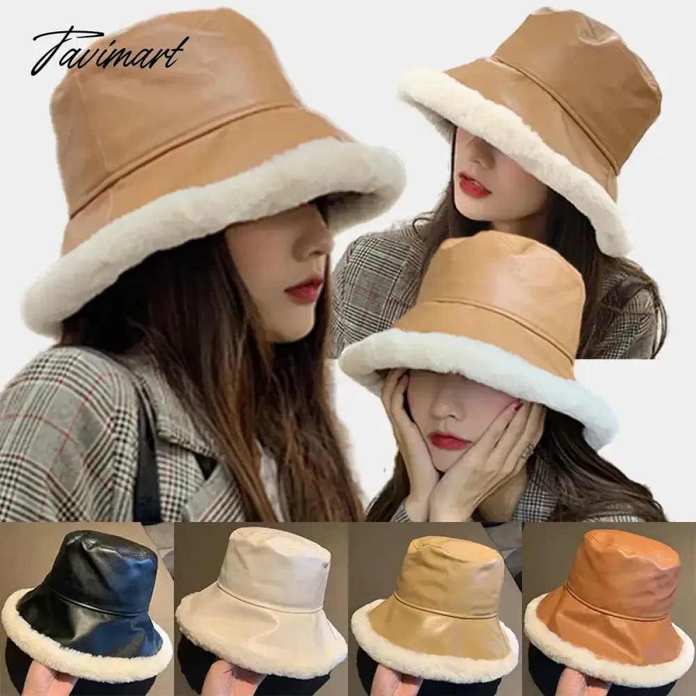 Tavimart Fashion Autumn Winter Pu Leather Bucket Hats For Women Adjustable Foldable Lamb Wool Outdoor Warm Panama Female Fisherman Caps