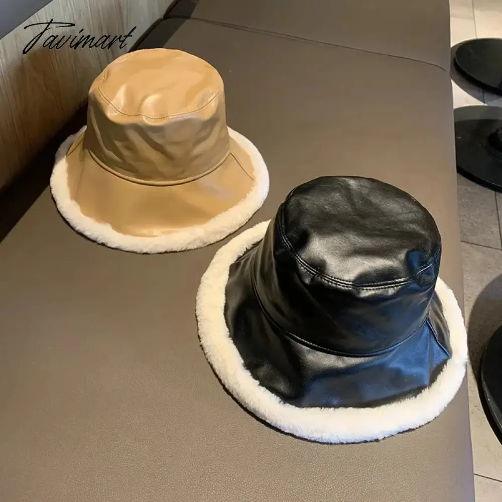 Tavimart Fashion Autumn Winter Pu Leather Bucket Hats For Women Adjustable Foldable Lamb Wool Outdoor Warm Panama Female Fisherman Caps