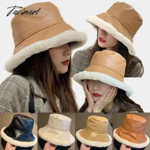 Tavimart Fashion Autumn Winter Pu Leather Bucket Hats For Women Adjustable Foldable Lamb Wool Outdoor Warm Panama Female Fisherman Caps