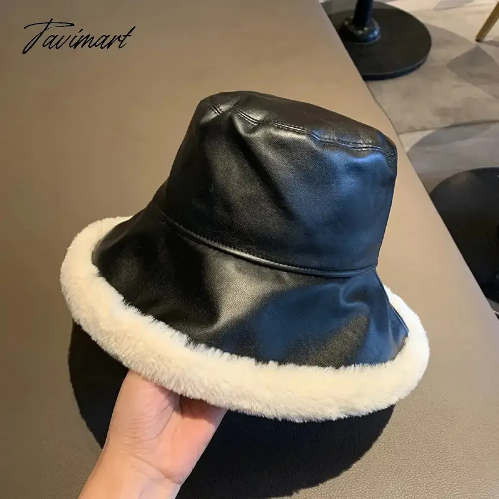 Tavimart Fashion Autumn Winter Pu Leather Bucket Hats For Women Adjustable Foldable Lamb Wool Outdoor Warm Panama Female Fisherman Caps
