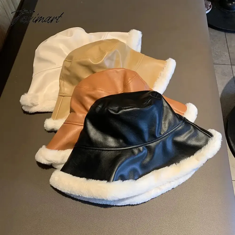 Tavimart Fashion Autumn Winter Pu Leather Bucket Hats For Women Adjustable Foldable Lamb Wool Outdoor Warm Panama Female Fisherman Caps