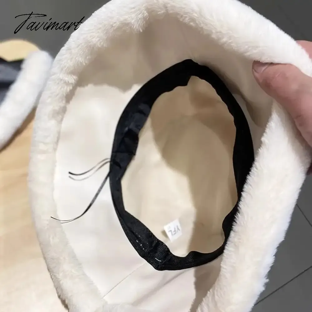 Tavimart Fashion Autumn Winter Pu Leather Bucket Hats For Women Adjustable Foldable Lamb Wool Outdoor Warm Panama Female Fisherman Caps