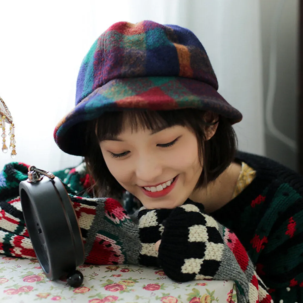 Women Cotton Patchwock Plaids Pattern Vintage Casual Warm Bucket Hat