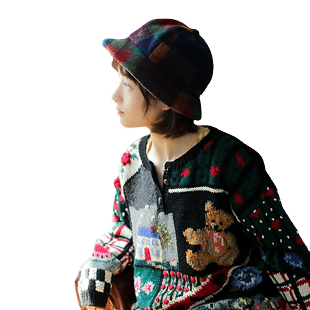 Women Cotton Patchwock Plaids Pattern Vintage Casual Warm Bucket Hat