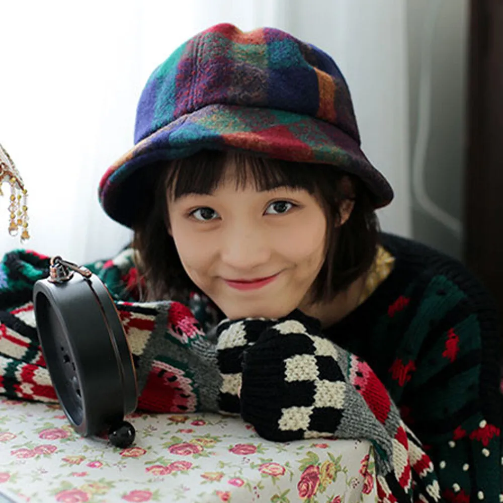 Women Cotton Patchwock Plaids Pattern Vintage Casual Warm Bucket Hat
