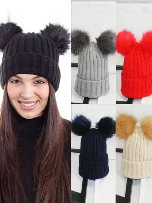 Women's Winter Warm Beanie Hat with Double Fur Pom Pom Hat