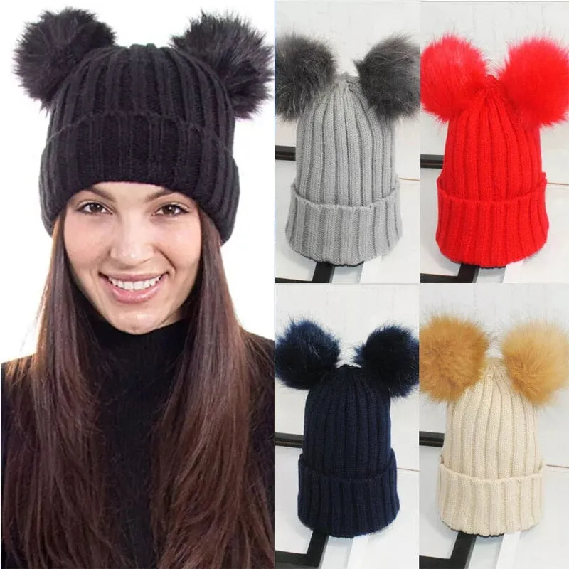 Women's Winter Warm Beanie Hat with Double Fur Pom Pom Hat