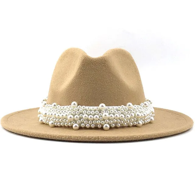 Wool Jazz Fedora Hats Casual Men Women Leather Pearl ribbon Felt Hat white pink yellow Panama Trilby Formal Party Cap 58-61CM