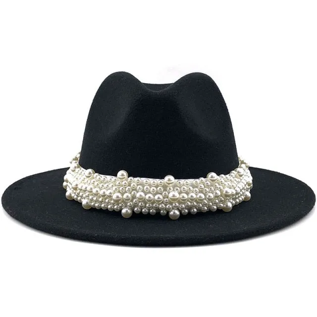 Wool Jazz Fedora Hats Casual Men Women Leather Pearl ribbon Felt Hat white pink yellow Panama Trilby Formal Party Cap 58-61CM